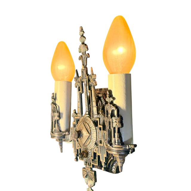 Vintage 1930s Art Deco Cast Bronze Double Wall Sconce, Restored Pair Original Finish Rewired Light Fixture Ready to Install Home Decor For Sale - Image 4 of 7