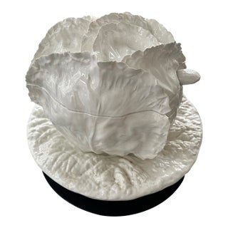 Stunning Tureen and Platter in Lettuce Form, Crisp White Glaze, Italian, 1960 For Sale