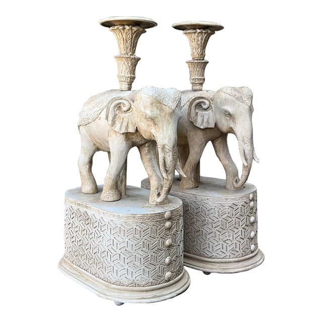 Vintage Carved Wood Elephant Candlesticks - A Pair For Sale