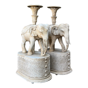 Vintage Carved Wood Elephant Candlesticks - A Pair