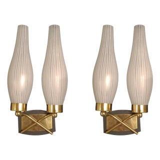 Brass and Ribbed Opal Glass Wall Lamps, Italy, 1950s, Set of 2 For Sale