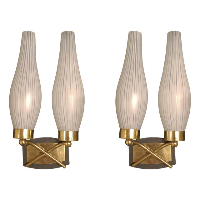 Brass and Ribbed Opal Glass Wall Lamps, Italy, 1950s, Set of 2 For Sale