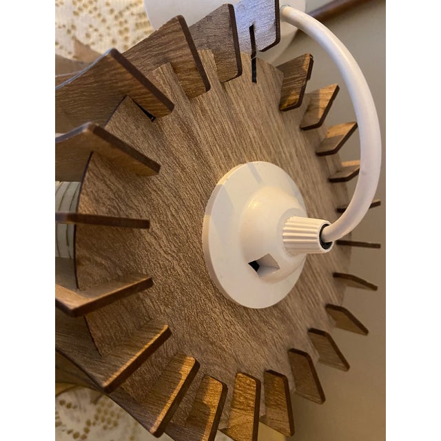 1990s Sculptural Wooden Pendant Light With Gold-Striped Glass Shade – Organic Modern Design For Sale - Image 6 of 9