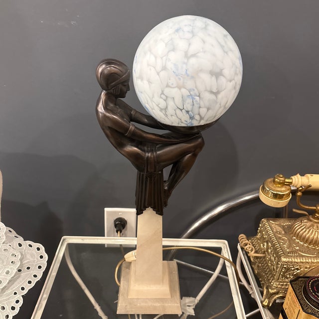 Art Deco Vintage Art Deco Revival Figural Table Lamp With Bronze-Tone Egyptian Maiden & Mottled Glass Globe For Sale - Image 3 of 6