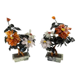 20th Century Chinese Chinoiserie Pair of Jade Trees With Nephrite, Carnelian and Rose Quartz For Sale