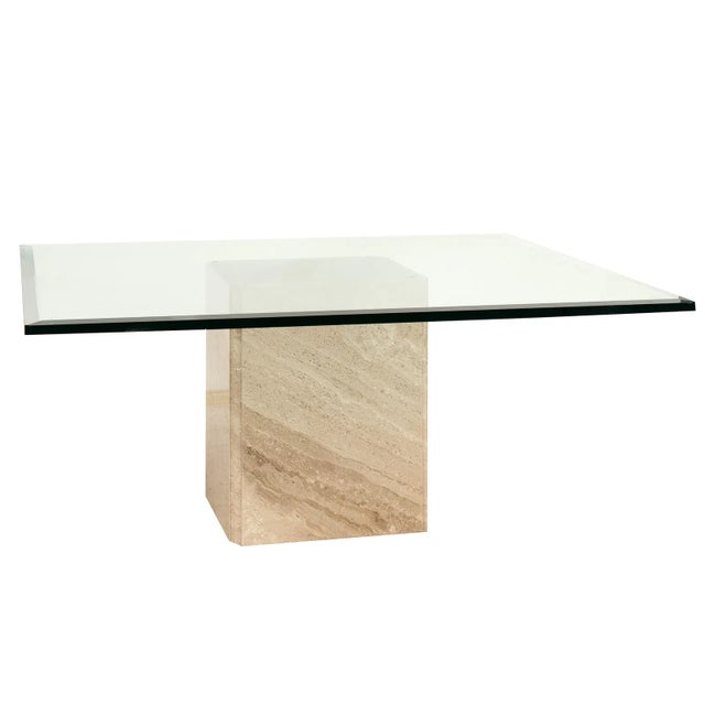 Mid-Century Modern Matched Italian Travertine & Glass Dining Suite | Pedestal Dining Table + Coffee Table, c.1970s For Sale - Image 3 of 18