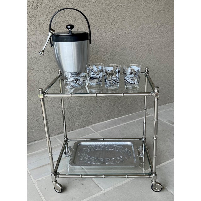 Italian Mid 20th-Century Faux Bamboo Regency-Style Chrome Two-Tier Drinks Trolley / Bar Cart For Sale In Austin - Image 6 of 17