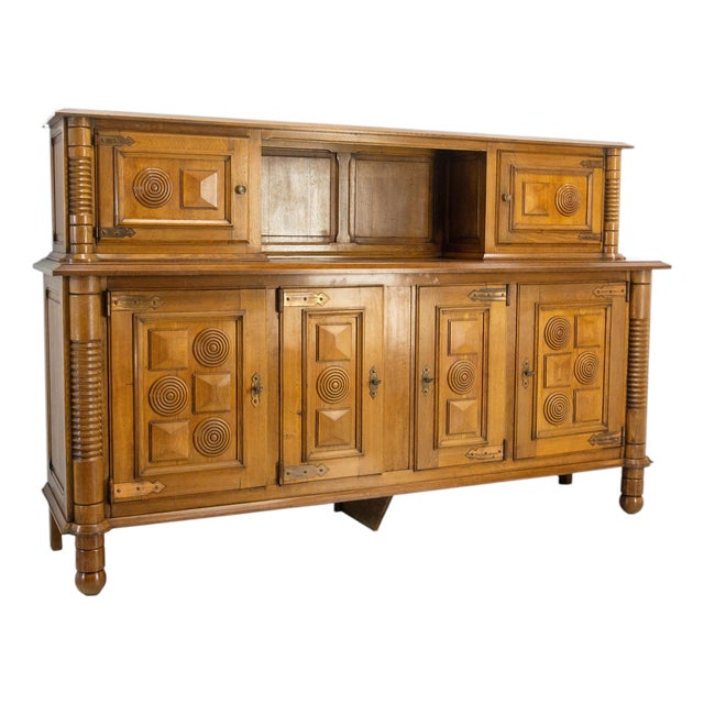 19th Century French Deux Corps Buffet Oak and Copper Cabinet by Dudouyt, 1940s For Sale