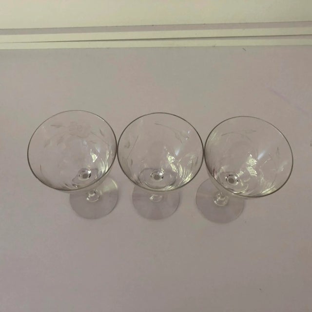 Vintage set of 3 floral (Rose) etched fine wine glasses 4"D X 6.75" , No makers mark, excellent condition.
