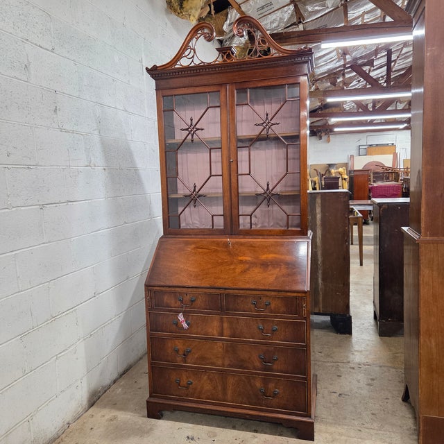 Wood Late 20th Century Mahogany Astragal Glazed Bureau Bookcase With Fully Fitted and Inlaid Interior Fall For Sale - Image 7 of 17