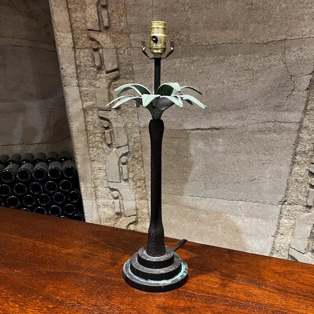 Metal Hollywood Regency Style Maitland Smith Palm Tree Table Lamp Faux Bronze, 1980s For Sale - Image 7 of 9
