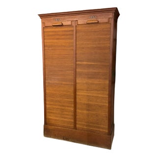 Vintage Oak Tambour Door Filing Cabinet With Sliding Trays & Original Keys For Sale