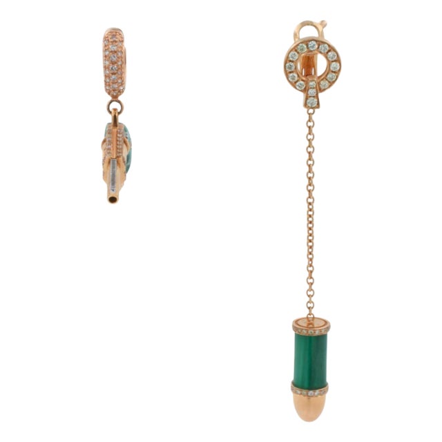 Diamond Green Malachite Pave Bullet 18 Karat Rose Gold Circle Drop Chain Earrings , A Pair For Sale