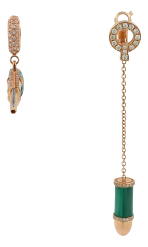 Diamond Green Malachite Pave Bullet 18 Karat Rose Gold Circle Drop Chain Earrings , A Pair