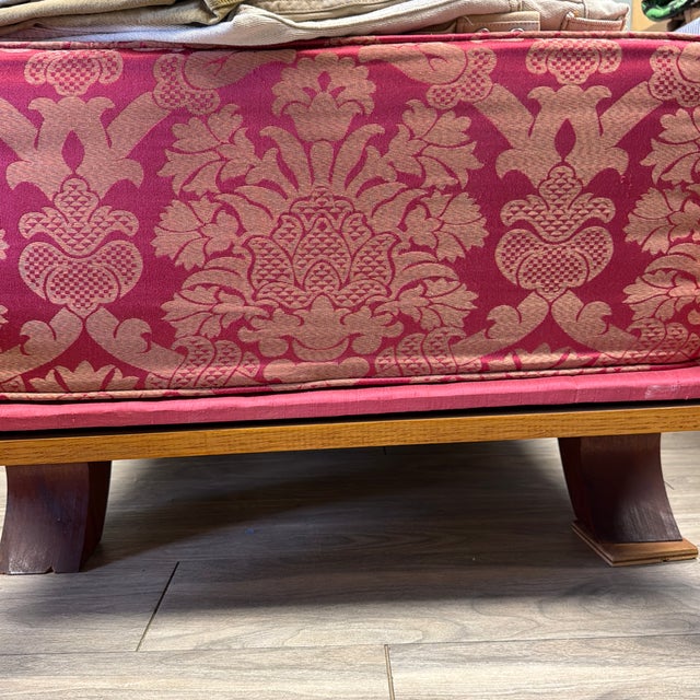 Red Mid-Century Sculpted Wood Bookshelf Chaise Lounge in Red & Gold Damask For Sale - Image 8 of 12