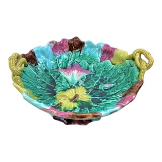 19th Century Floral Majolica Handled Compote Bowl For Sale
