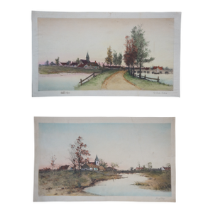 2 Antique Ernest Christian Rost Old Bridge Brittany Jersey Village Etchings 24"