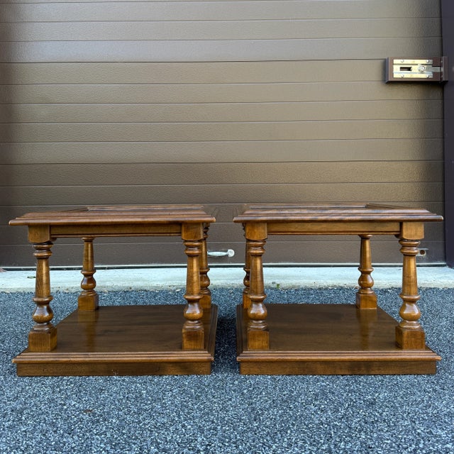 1960s Ethan Allen Classic Manor Traditional Maple Square Side Tables or Bunching Tables With Faux Slate Tops - A Pair For Sale - Image 9 of 17