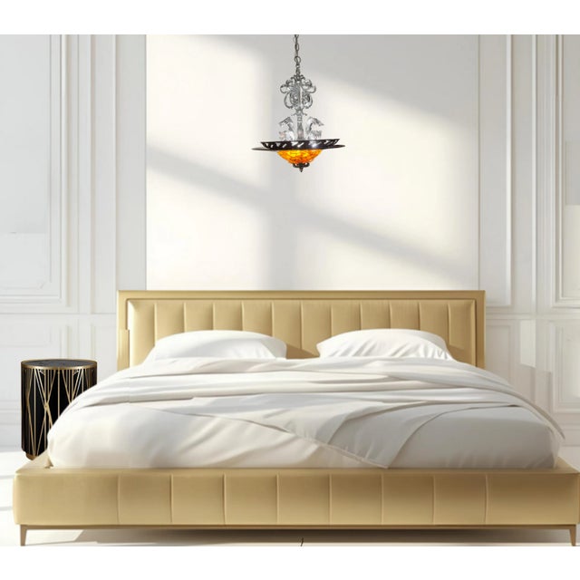 Late 20th Century Chrome Tone Scroll Metal 3 Light Chandelier With Tortoise Shell Murano Style Asymmetrical Glass Shade For Sale - Image 5 of 18