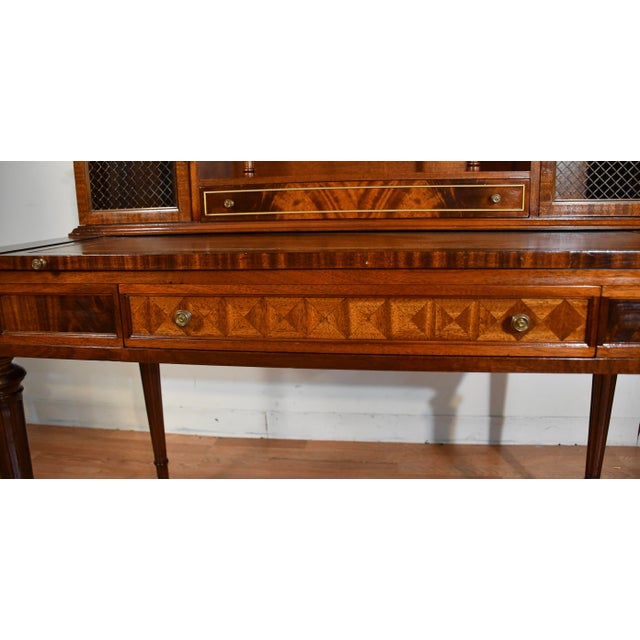 1930s Wieman Hepplewhite Style Leather Top Mahogany Inlaid Writing Desk With Bookcase For Sale - Image 6 of 18