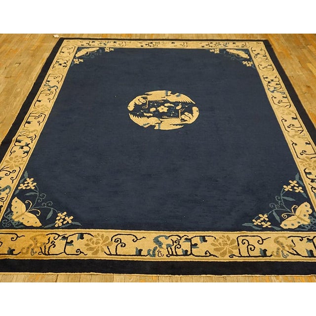 Chinese 1920s Navy Blue Field Antique Floral Medallion Hand Knotted Chinese Peking Rug For Sale - Image 3 of 10