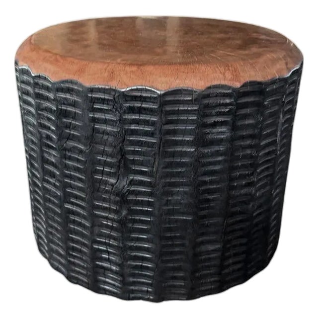 Solid Lychee Wood Side Table Stunning Textures, Ribbed Detailing Modern Organic For Sale