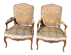Pair of 19th. C. French Walnut Petite Needle Point Arm Chairs