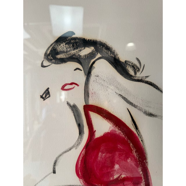 1980’s Vintage Fashion Illustration Painting – Red Dress Figure, Framed Under Glass For Sale - Image 9 of 12