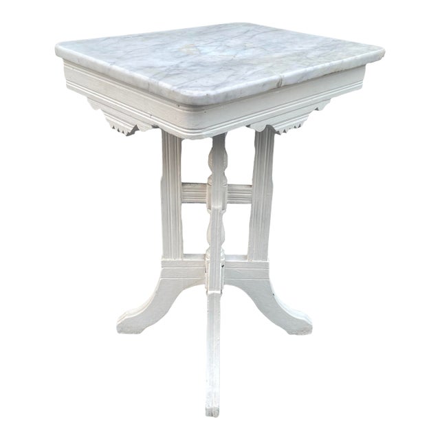 1900s Eastlake/Arts and Crafts Style Side Table, Painted White, With a Thick White Marble Top. For Sale
