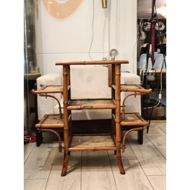 Bamboo Etagere with Silk Shelves Painted with Asian Motifs attributed to Alfred Perret and Ernest Vibert, France, 1900s For Sale - Image 5 of 11