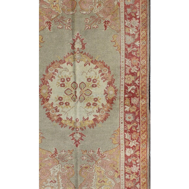 Tribal Turkish Oushak Vintage Rug With Floral Medallion Design in Red and Light Blue For Sale - Image 3 of 6