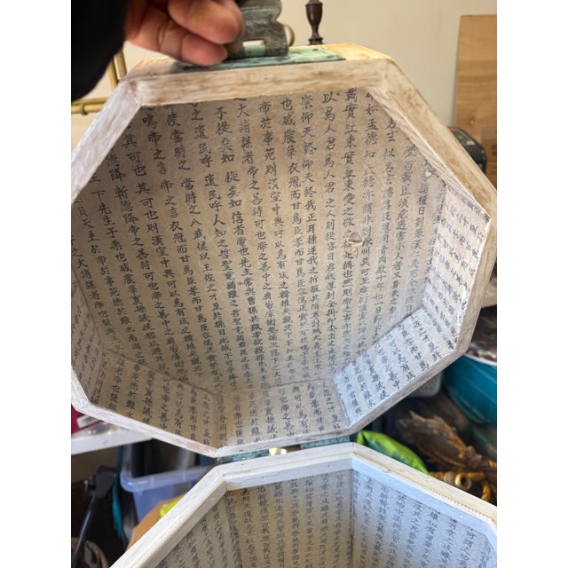 Chinese Octagonal White Washed Side Tables W/ Verdigris Hardware - Pair For Sale In Atlanta - Image 6 of 7