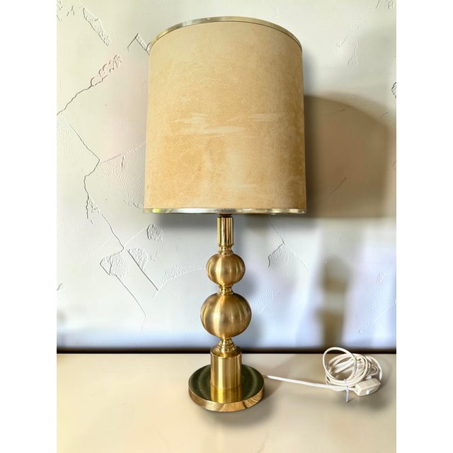 1960s Vintage Boulanger Brass Table Lamp with Original Shade, France, 1970s For Sale - Image 5 of 8