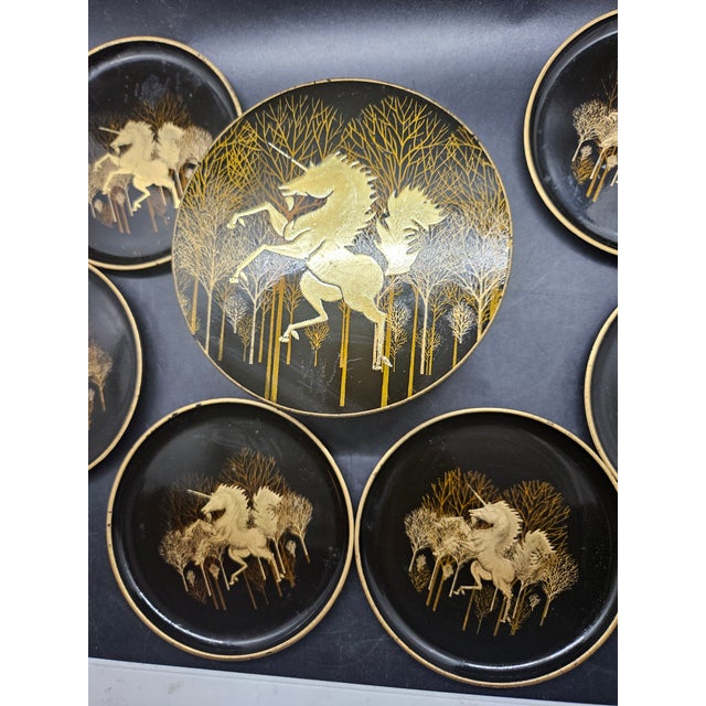 Vintage Otagiri Unicorn Gold/Black Melamine Six Coasters/Box, Japan