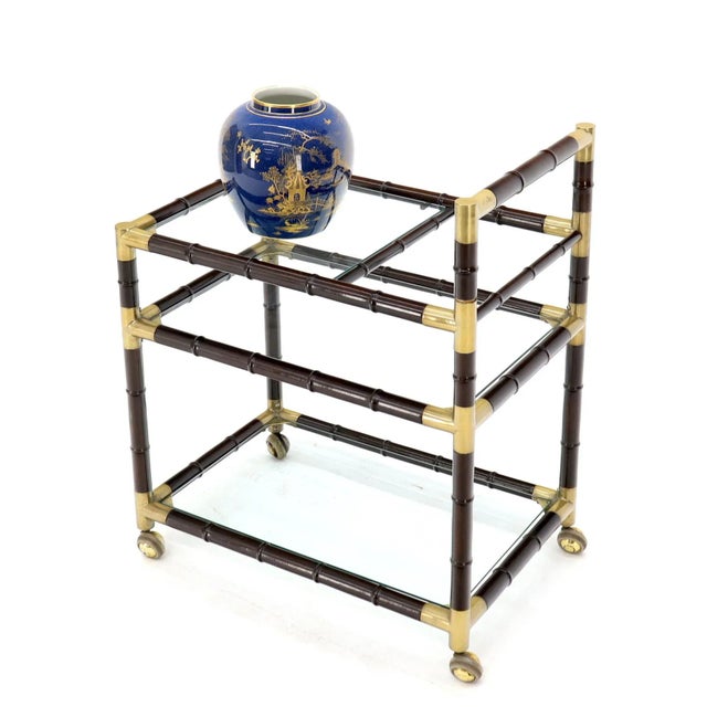 Mid-Century Modern Mid 20th Century Italian Faux Bamboo Three-Tier Glass Shelves Rolling Serving Cart Bar For Sale - Image 3 of 13