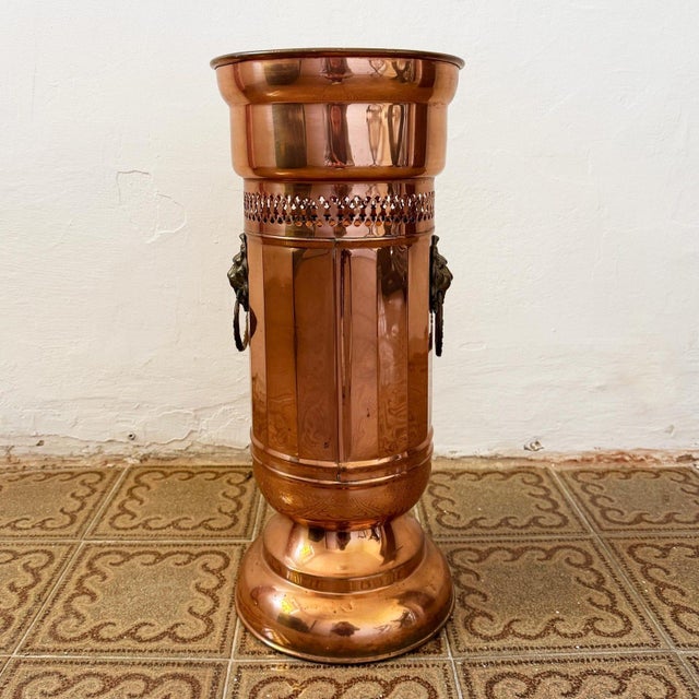 Mid-Century Modern Vintage Copper Umbrella Stand with Lion Handles, 1950s For Sale - Image 3 of 10