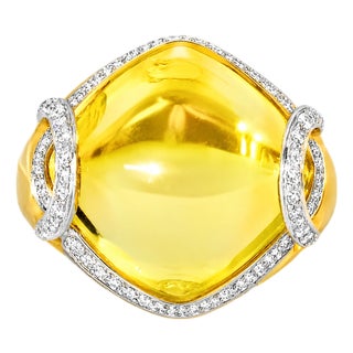14K Yellow Gold Diamond Cabochon Lemon Quartz Ring Estate Gemstone For Sale