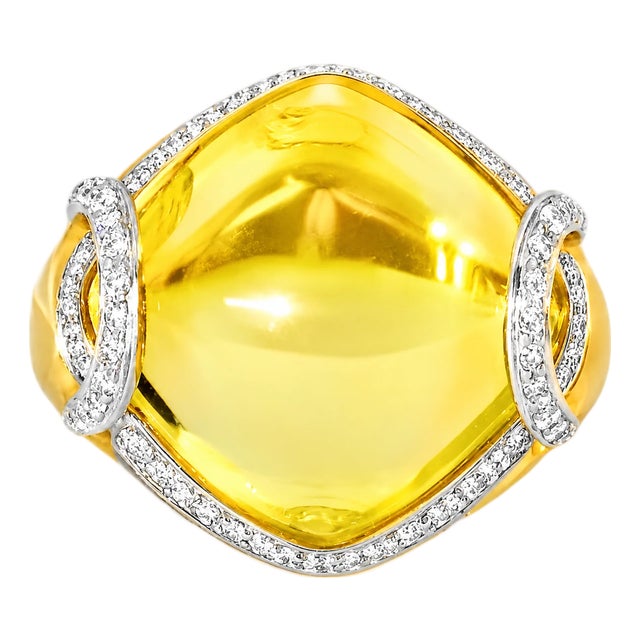 14K Yellow Gold Diamond Cabochon Lemon Quartz Ring Estate Gemstone For Sale