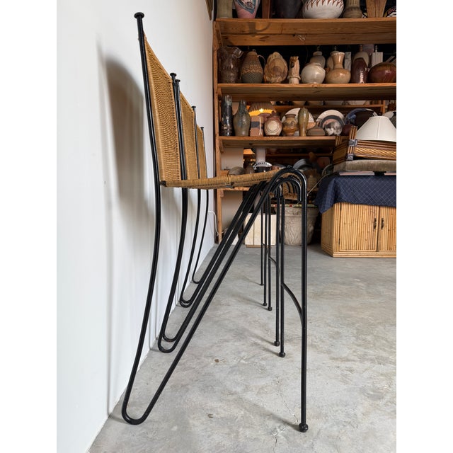 1970's Frederic Weinberg Style Rattan & Iron Bar Stools - Set of 3 For Sale - Image 10 of 14