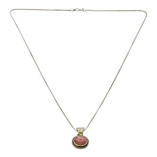1970s Vintage Southwestern Boho Chic Judith Jack Sterling & Pink Rhodochrosite Pendant Necklace - 16” For Sale