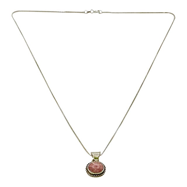 1970s Vintage Southwestern Boho Chic Judith Jack Sterling & Pink Rhodochrosite Pendant Necklace - 16” For Sale