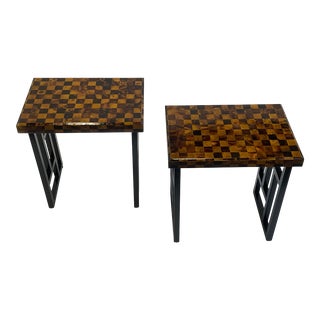 Small Martini Tables With Crushed Coconut Checkerboard Tops- a Pair For Sale