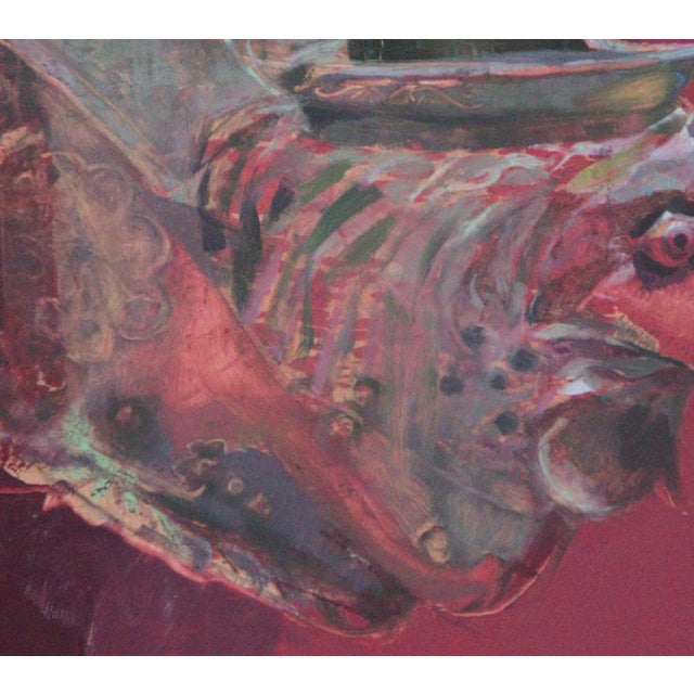 Red Rooster by Elena Burykina | Oil on panel Portrait of a rooster with a metallic helmet. For Sale - Image 4 of 5