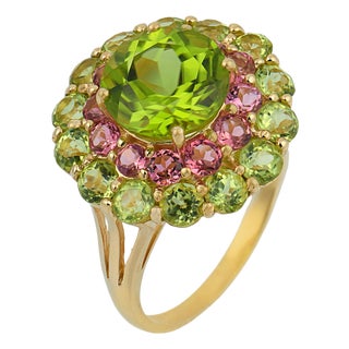 Vintage Peridot Tourmaline 14k Yellow Gold Double Halo Ring, Size 7 For Sale
