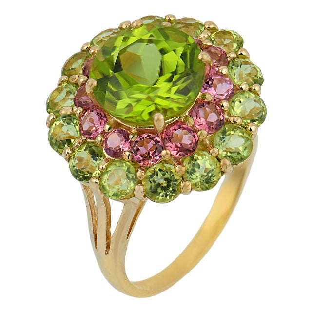 Vintage Peridot Tourmaline 14k Yellow Gold Double Halo Ring, Size 7 For Sale