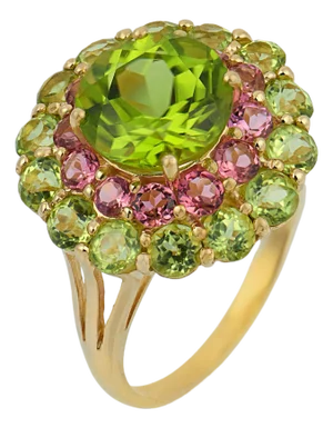 Vintage Peridot Tourmaline 14k Yellow Gold Double Halo Ring, Size 7