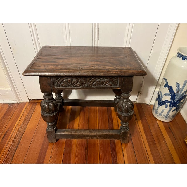 Antique Elizabethan Jacobean Walnut Joint Stool or Side Table With Carved Vase Legs For Sale - Image 9 of 12