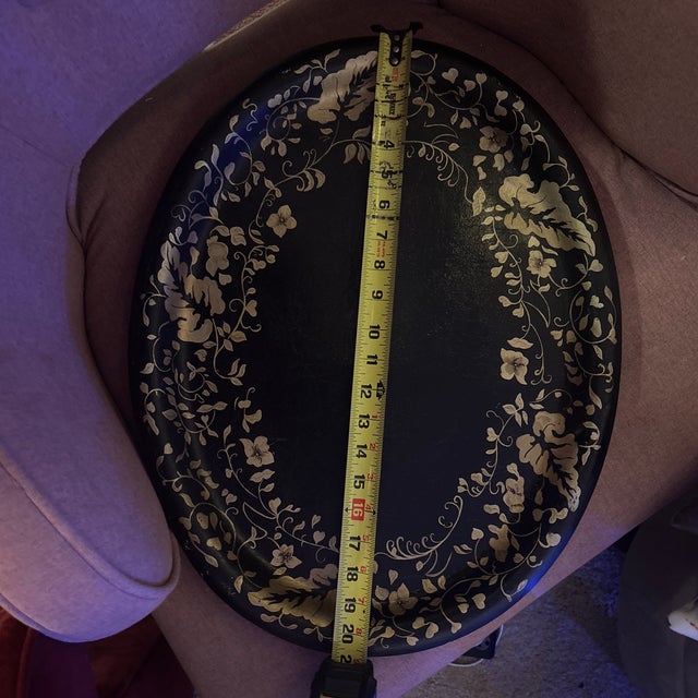 Ebony Antique French Tole Peinte Du Lac Toleware, Lacquered & Gilt Tinned Metal Tray, Decorator Signed For Sale - Image 8 of 9