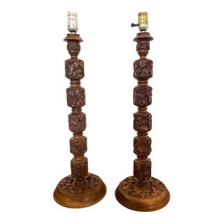 Large Vintage Hand-Carved Kashmiri Wood Table Lamps — Chinar Leaf & Vine Motif - A Pair For Sale