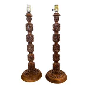 Large Vintage Hand-Carved Kashmiri Wood Table Lamps — Chinar Leaf & Vine Motif - A Pair